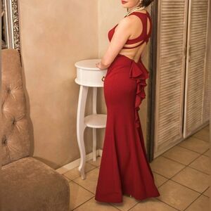 Sequin Hearts Cut Out Back Mermaid Dress With Ruffles Burgundy